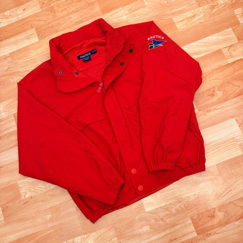 Nautica Mens XL Red Nylon Windbreaker Sailing Jacket Stowaway Hood Embroidered
